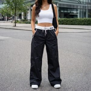 Nike Black Wide Leg Track Pants with White Waistband
